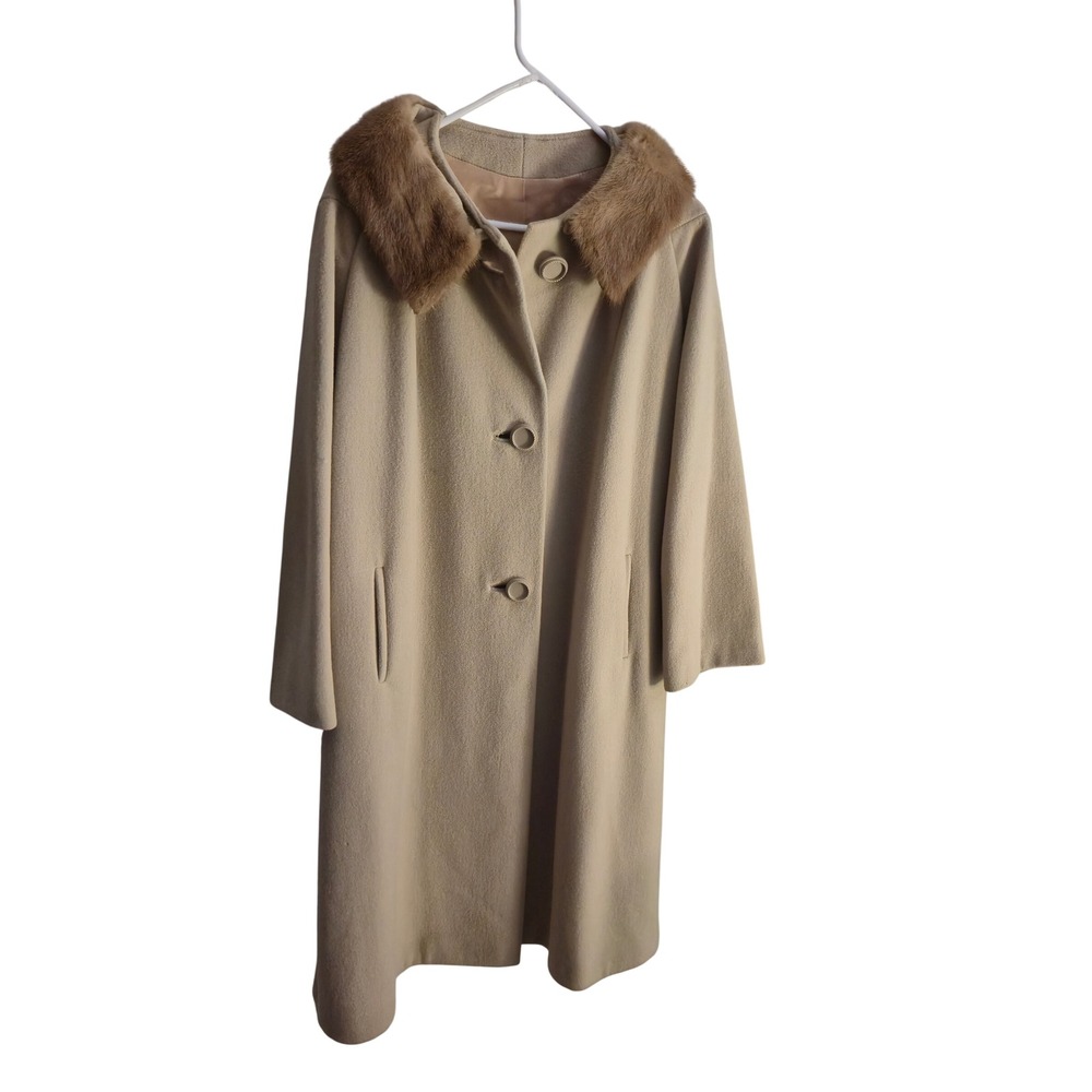 Vintage 50s 60s Oviatt's Los Angeles Wool Swing Coat Fur Collar Beige L Luxury